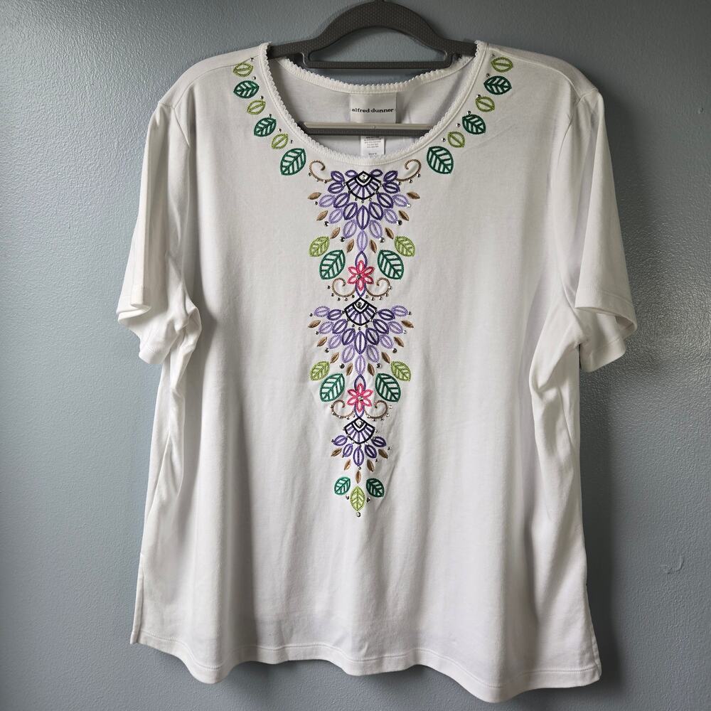 Alfred Dunner Women's White Floral Embroidered Short Sleeve Top Large NWOT